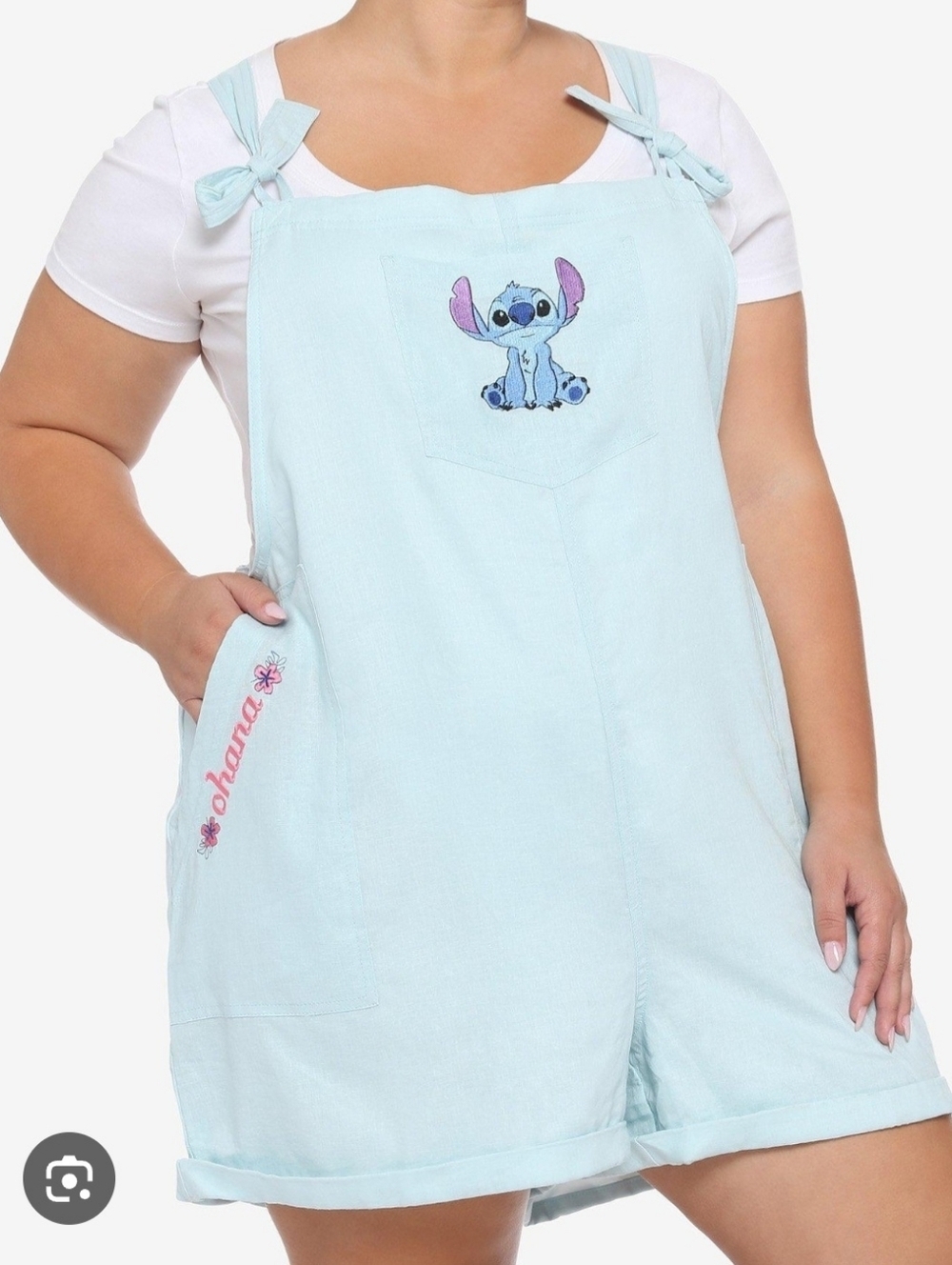 Disney Hot Topic Womenβs Lilo & Stitch Ohana Tie Linen Overalls Romper Blue 5X